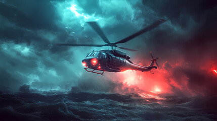 Fototapeta premium A rescue helicopter hovering low over a dark ocean with lights blazing through stormy weather. [Obsidian Choir] | Glowbass Throb | low blaze. Illustration
