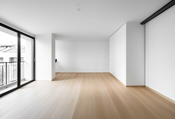 A large empty room with a wooden floor and white walls.