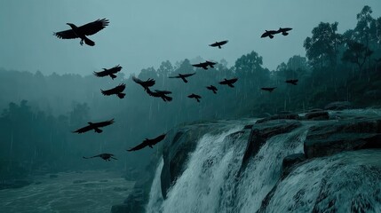 Fototapeta premium Birds silhouette over waterfall landscape