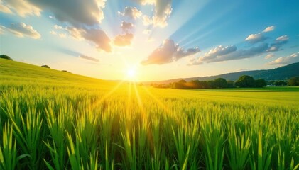 Golden hour sunlight illuminates a lush green field, blue sky overhead , natural, field, nature