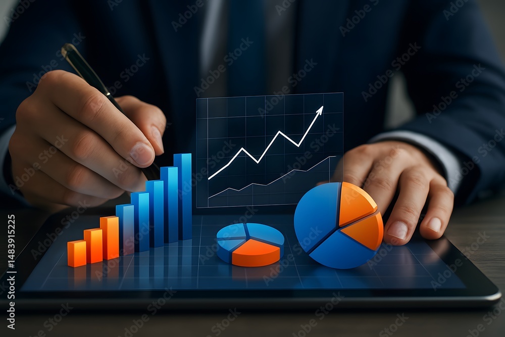 Poster hands drawing a rising bar chart and pie graph on a tablet in a corporate office. concept of busines