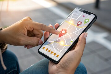 Local business reviews and customer feedback system on mobile device, showcasing star ratings for small businesses. Digital marketing, local SEO, and consumer experience in online business reviews