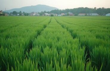 Obraz premium Scenic view of green onion fields in South Korea, rural landscape. Green grass rows, nature, agriculture, farming. Korean travel destination, food, harvest, cereal, spring, summer growth.