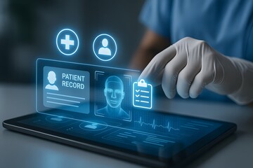 Person’s hand tapping a digital patient record icon on a tablet showing profile and medical data. Concept of healthcare digitization and secure information management.