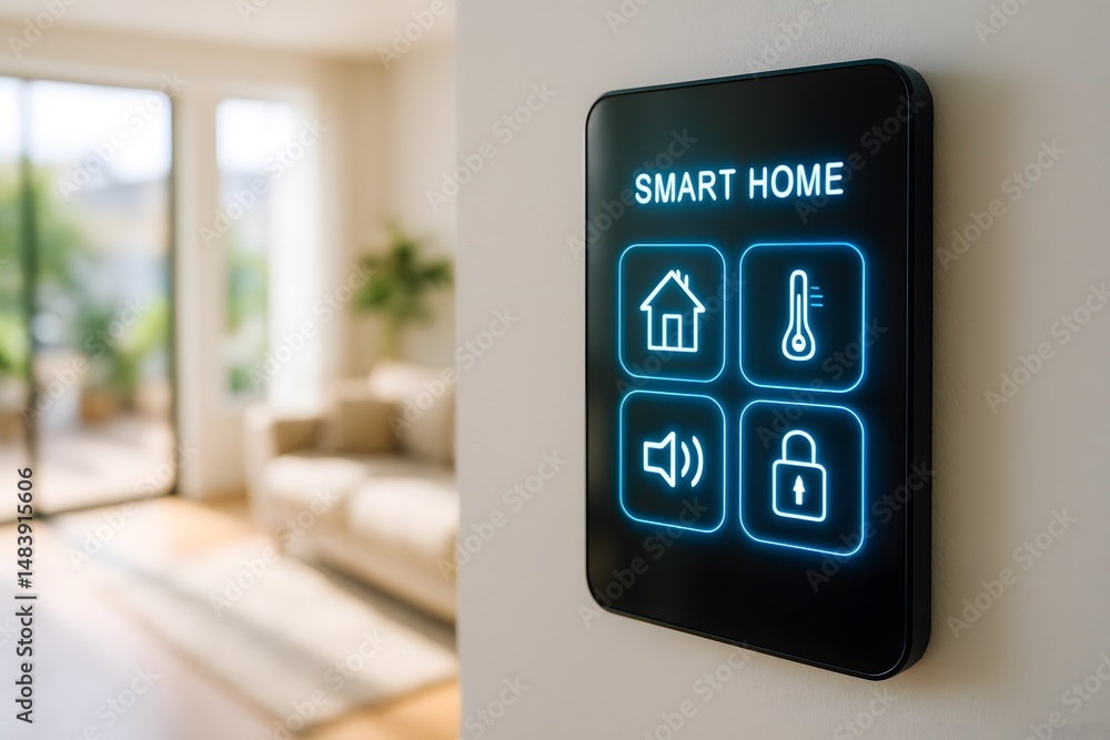 Poster close-up of a touchscreen control pad featuring smart home functions in a bright interior. concept o