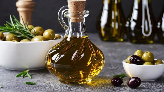 Olive oil bottle and olives with fresh rosemary on rustic table setup