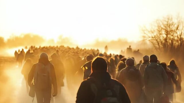 Large Group of Migrants Walking at Dawn Through Rural Landscape Carrying Backpacks and Personal Belongings Under Golden Sunrise Light