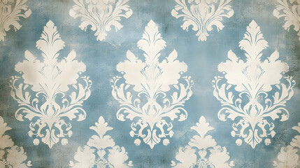 Elegant Vintage Damask Pattern in Cream and Sky Blue with Grunge Texture and Ornate Floral Motifs for Antique Interior Design Themes
