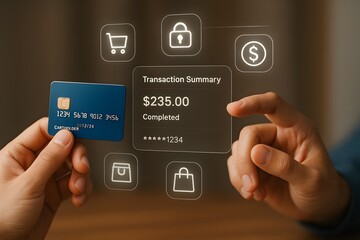 Hands holding a credit card beside a floating transaction summary showing $235.00. Concept of seamless payment and financial transparency.