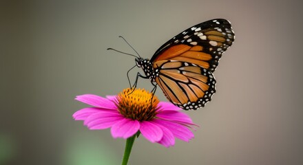 Fototapeta premium Monarch Butterfly on Pink Coneflower - A vibrant monarch butterfly delicately perched on a bright pink coneflower, symbolizing nature, beauty, transformation, grace, and serenity