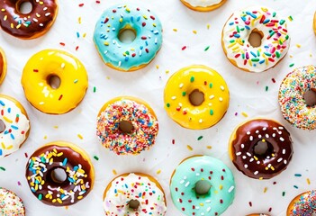 A group of donuts with sprinkles on a white surface.