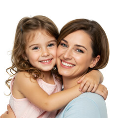 Mother and daughter hugging and smiling isolated on transparent background