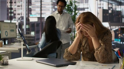Unwell businesswoman in multinational company battles burnout and anxiety, feeling tired of her...