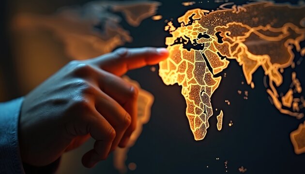 Hand pointing Africa continent on world map. Tech, innovation potential for global development. Focus on digital transformation, future tech, global networking. Promoting cooperation, communication