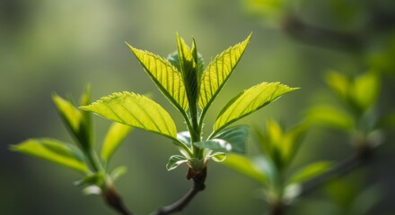 Fototapeta premium New Spring Leaves Emerging - Close-up of vibrant, bright green new leaves sprouting on a branch in spring. Soft, natural light