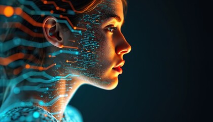 Woman profile portrait. Digital code overlay symbolizes human-tech connection. Cyberpunk style features woman face skin and digital art patterns. AI, modern future concept.