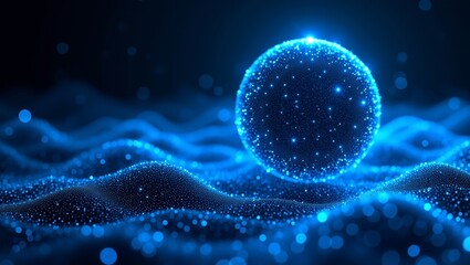 Radiant cobalt blue sphere surrounded by an intricate wavelike grid of pulsating lights in a mystical cybernetic sea