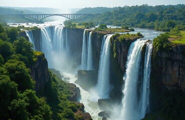 Fototapeta premium Spectacular panorama of Victoria Falls Zambia, Zimbabwe. Zambezi River flows over cliffs. Famous waterfall cascade falls into gorge. Green forest landscape, bridge background. Scenic travel