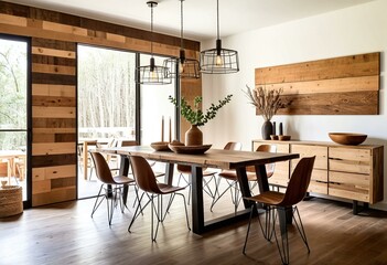 Fototapeta premium A dining room with a wooden table and chairs.