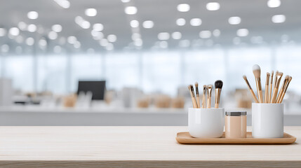 Makeup brushes and a jar are arranged on a wooden tray on a light wood surface with a blurred office background, creating a clean and organized aesthetic.