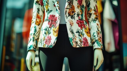 Floral printed blazer on a mannequin, elegant fashion statement