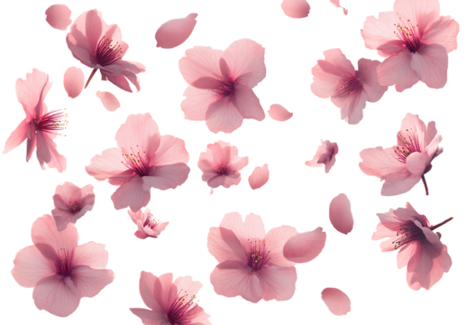 Cherry blossom petals floating in the air, transparent background PNG fil