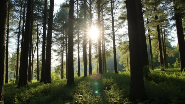 Sunlight streams through the leaves of tall trees in a tranquil forest