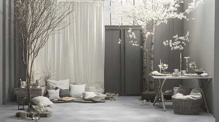 Serene Spring Brunch Setting with Blooming Trees and Neutral Decor