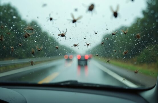 Close-up of dead insects splattered on car windscreen. Raindrops on glass with blurred highway background. Driver view obstructed by bugs. Travel danger on road.