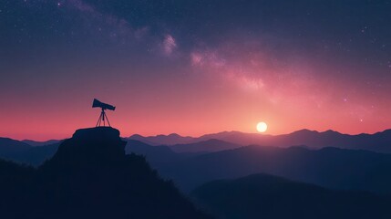 Telescope on mountain peak at sunset with Milky Way.