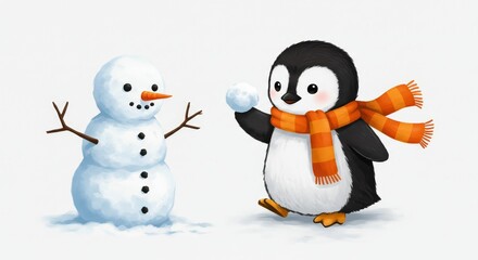 Fototapeta premium Penguin and Snowman Snowball Fight - Adorable cartoon penguin wearing an orange scarf playfully throws a snowball at a cheerful snowman. Winter fun scene