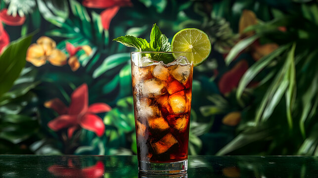 C?ctel de Cuba Libre, Cuba Libre Cocktail classic cuba libre with lime and dark cola tones, vibrant tropical backdrop