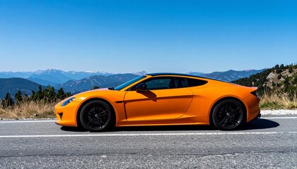 Fototapeta premium Bright Orange Sports Car on Mountain Road (Side View, Daytime)