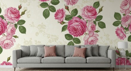 Pink Rose Floral Wallpaper for Living Room - Elegant pink rose floral wallpaper design for living room