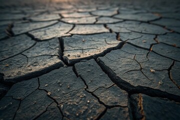 Closeup of a Cracked Black Surface with Textured Details.