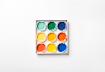 A circle of paint cans with different colors of paint.