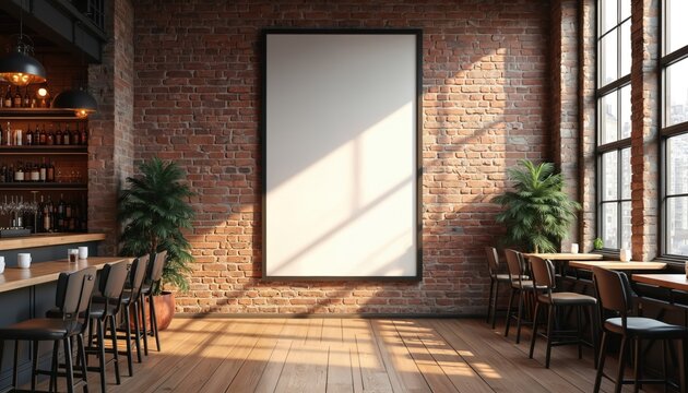 Loft bar interior with empty vertical poster mockup. Brick wall, wooden floor, bar chairs. Sunlight falls on wall and floor. Modern restaurant design for advertising, presentation.