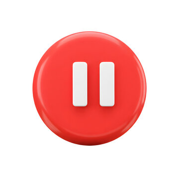 A glossy red pause button with two white vertical lines is displayed against a white background for multimedia controls.