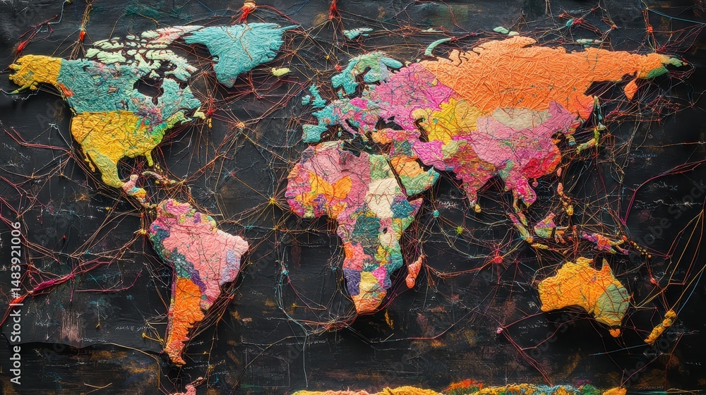 Poster Colorful textured world map with interconnected threads, representing global connections.