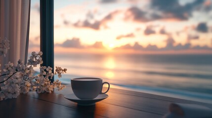 Seaside serenity, Coffee, blossoms, and sunrise tranquility unfolds