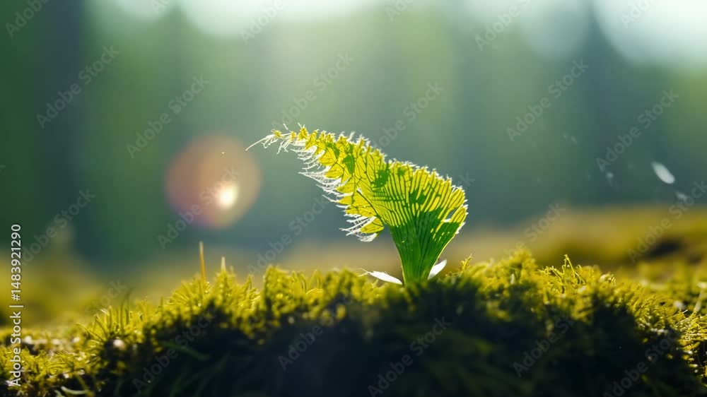 Poster close-up video of a delicate green fern sprout uncurling from a bed of moss in a shaded forest glade