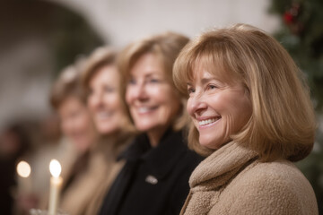 warm and inviting family christmas service taking place in cozy church with soft candlelight illuminating faces of