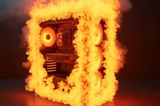 A computer case on fire with smoke coming out of it
