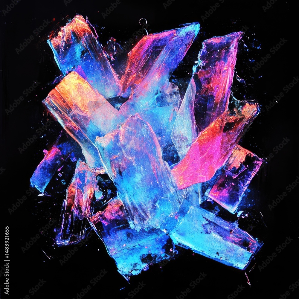 Poster abstract crystalline explosion. a vibrant mix of translucent, geometric shards in neon hues against 