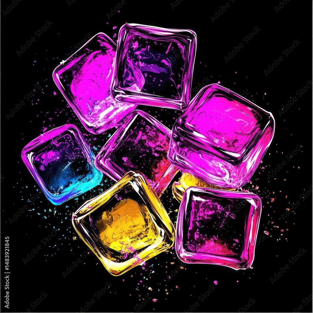 Poster vibrant, multicolored ice cubes explode in a dynamic display. a splash of color and texture against 