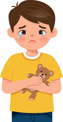 Obraz premium Sad boy crying holding teddy bear in yellow shirt vector illustration 
