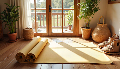 Yoga mat in sunlit room with plants and woven baskets