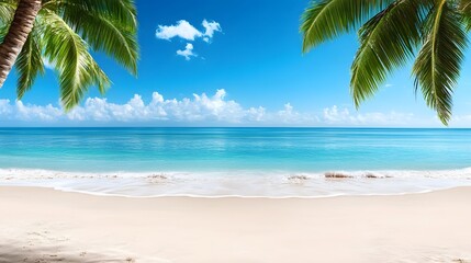 Fototapeta premium Stunning Tropical Beach Scene with Palm Trees and Turquoise Ocean