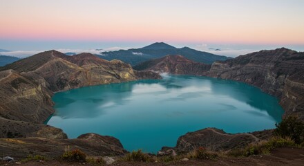 Volcano Crater Lake with Sunrise View in Mountains