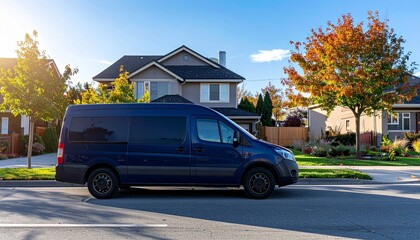 Dark Blue Minivan on Suburban Street (Side View, Sunny Day)